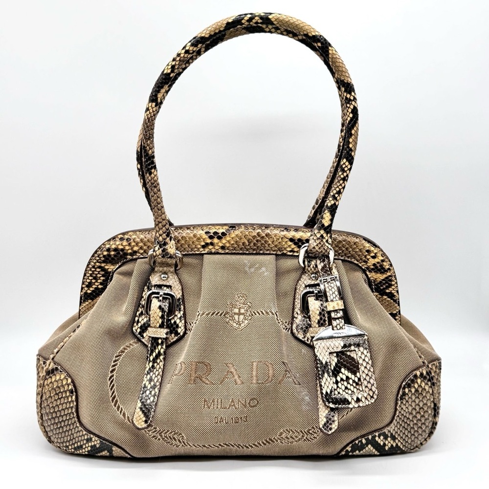 Prada Limited Edition Logo Jaquard Python Corda Roccia BR3509 Frame Handbag